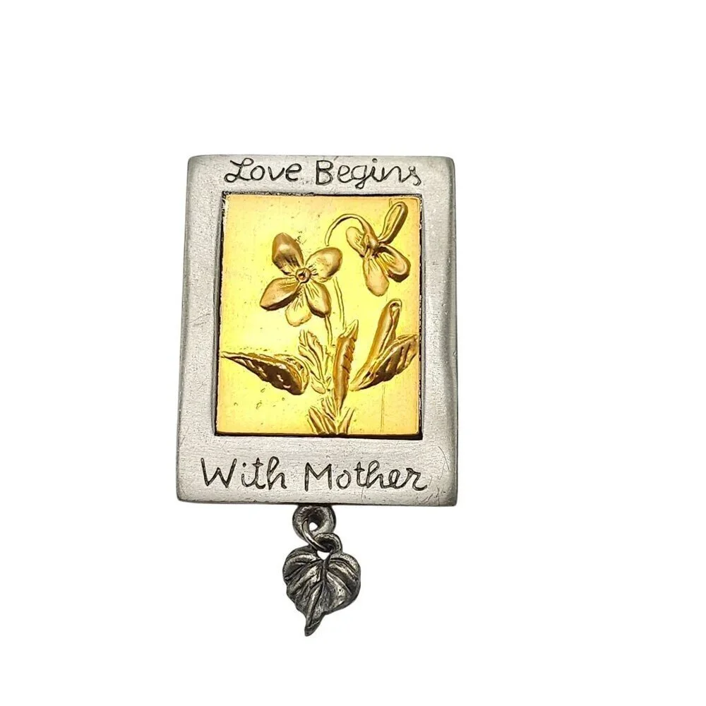 Love Begins With Mother Gold Silver Tone Floral Brooch Pin With Leaf Charm